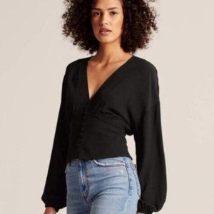 Abercrombie Fitch Womens Black V Neck Bubble Sleeve Vneck Blouse Satin Corset XS
